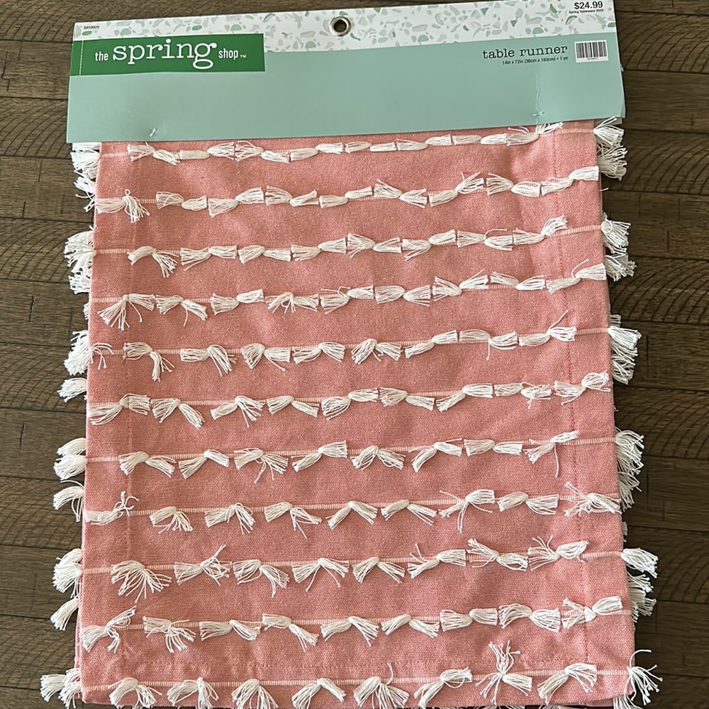 NWT Pink & White Fringe Striped Table Runner 14x72